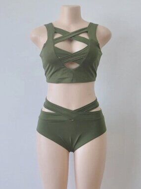 🍓🍓Army Green Criss Cross High Waist Bandage 2PCS Bikini Set Swimsuit Small🍓